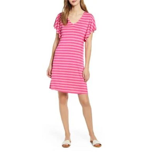 Tommy Bahama Women's Pink Stripe Flutter‎ Sleeve Dress Size Small - Picture 1 of 7
